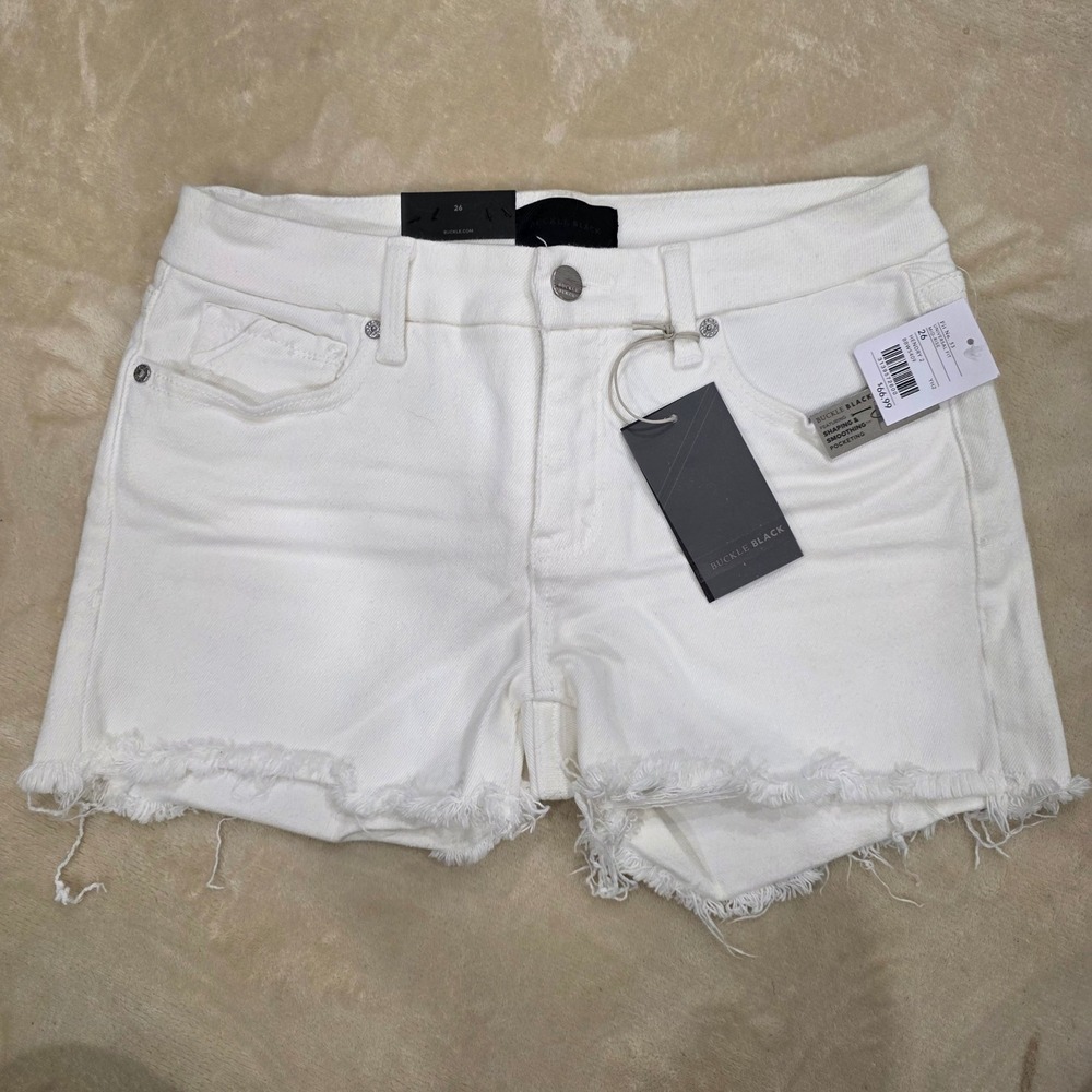 Buckle Black Fit No. 53 White Denim Shorts Size 26 NWT Frayed Mid-Rise - Picture 1 of 6